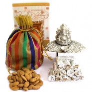 Pleasure - Almonds in Potli (D), Kaju Anjir Roll 250 gms, Oxydized Ganesh Diya and Card