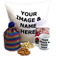 Beatific Combo - Cashewnuts and Almonds in Potli (D), Personalized Cushion, Personalized Mug and Card