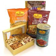 Sweet Delight - Assorted Dryfruits in Box, Gulab Jamun Tin 500 gms, 2 Haldiram Namkeen and Card