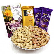 Breathtaking Gift - Cashewnuts and Pistachio, 2 Dairy Milk Silk, Temptations and Card