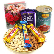 Stupendous Combo - Almond Cashewnuts, Gulab Jamun Tin 500 gms, 5 Assorted Bars and Card