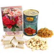 Spectecular Hamper - Cashewnuts and Raisins, Kaju Katli 250 gms, Gulab Jamun Tin 500 gms and Card