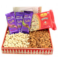 Prodigious Combo - Almond Cashewnuts, Soan Papdi 250 gms, 3 Dairy Milk Silk and Card