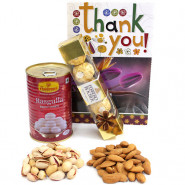 Pleasing Pleasure - Almond Pistachio, Rasgulla 500 gms Tin, Ferrero Rocher 4 pcs and Card