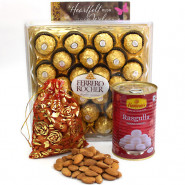 Important Combo - Almond in Potli, Rasgulla 500 gms Tin, Ferrero Rocher 24 Pcs and Card