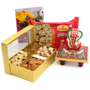 Miraculous Combo - Assorted Dryfruits, Soan Papdi 250 gms, Marble Ganesha on Chawki and Card