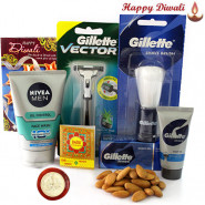Grooming Time - Gillette shaving brush, Gillette Vector Razor, Nivea Men's face wash, Gillete Shaving Gel, Badam 100 gms in potli with Bhaidooj Tikka and Laxmi-Ganesha Coin