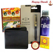 Deepavali - 1 Nike Deo 200 ml, 1 Parker Beta Premium Ball Pen, Leather Black Wallet with Bhaidooj Tikka and Laxmi-Ganesha Coin
