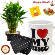 Luck for Diwali - 2 Layer Lucky Bamboo, I Love My Bro Mug, Black Tie with Bhaidooj Tikka and Laxmi-Ganesha Coin