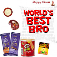 Diwali Delight - World's Best Bro Cushion, 2 Dairy Milk Silk 69 gms, Pringles 40 gms with Bhaidooj Tikka and Laxmi-Ganesha Coin