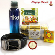 Golden Celebration - Ferrero Rocher 16 Pcs, Leather Black Belt, 1 Nike Deo with Bhaidooj Tikka and Laxmi-Ganesha Coin