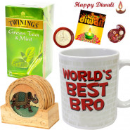 Diwali Refreshment - World's Best Bro Mug, Twinings Green Tea - 25 Tea Bags, Ethnic Wooden Tea Coaster with Bhaidooj Tikka and Laxmi-Ganesha Coin