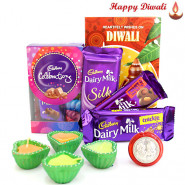 Mini Treat - Mini Cadbury Celebrations, Dairy Milk Fruit & Nut, Dairy Milk Crackle, Dairy Milk Silk 60 gms with 4 Diyas and Laxmi-Ganesha Coin