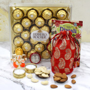 Kaju Crunch - Ferrero Rocher 24 Pcs, Cashew 200 gms, Ganesha Idol with 2 Golden Diyas and Laxmi-Ganesha Coin