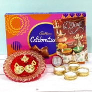 Diwali Celebrations - Cadbury Celebrations 118 gms, Ganesha Designer Thali with 4 Golden Diyas and Laxmi-Ganesha Coin