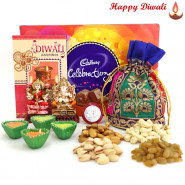 Divine Festivity - Cadbury Celebrations, Assorted Dryfruits in Potli (D), Lakshmi Ganesha Idols with 4 Diyas and Laxmi-Ganesha Coin