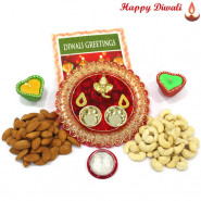 Designer Hamper - Cashew & Almond 200 gms, Ganesh Designer Thali with 2 Diyas and Laxmi-Ganesha Coin