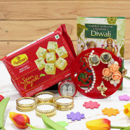 Soan Sweets - Soan Papdi 250 gms, Fancy Ganesha Thali with Flowers & Pearls with 4 Golden Diyas and Laxmi-Ganesha Coin
