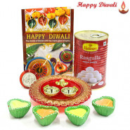 Sugary Treat - Haldiram Rasgulla 500 gms, Ganesh Designer Thali with 4 Diyas and Laxmi-Ganesha Coin