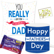 Personal Wishes - Father's Day Mug, Dairy Milk Fruit N Nut 30 gms, Dairy Milk Crackle 30 gms, Father's Day Pillow & Card
