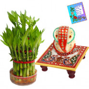 Lucky Ganesha - 3 Layer Lucky Bamboo, Ganesh Chowki & Card