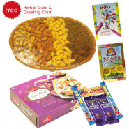 Holi Papdi n Dry Fruit- Soan Papdi , Assorted Dryfruits Basket, 5 Assorted Bars, Herbal Gulal and Greeting Card