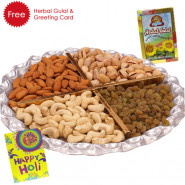 Holi Dryfruit Tray - Assorted Dry fruits 400 gms in Tray, Herbal Gulal and Greeting Card