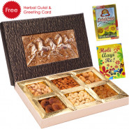 Holi Celebration - 1 Kg Assorted Dryfruits (6 items) in Decorative Box, Herbal Gulal and Greeting Card