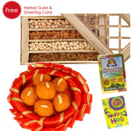 Holi Laddu n Nuts - Kanpuri Laddu 250 gms, Assorted Dryfruits 400 gms, Herbal Gulal and Greeting Card
