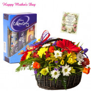 Mix Celebration Basket - 24 Mix Flowers Basket, Small Cadbury Celebration and card