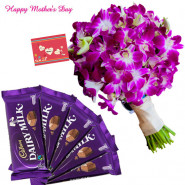 Purple Delight - 12 Orchids Bunch, 5 Dairy Milk 14 gms and card