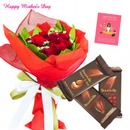 Roses & Choco For Mom - 12 Red Roses Bunch, 3 Bournville 30 gms and card