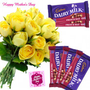 Yellow Nutty - 15 Yellow Roses Bunch, 5 Fruit N Nut 34 gms each and card
