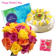 Mix Pina Celebration - 18 Mix Roses Bunch, Cadbury Celebration, 1/2 Kg Pineapple Cake and card