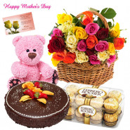All For Mom - 20 Mix Roses Basket, Ferrero Rocher 16 Pcs, Teddy Bear 6 inch, 1/2 Kg Chocolate Cake and card