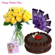 Mother For You - 10 Yellow Roses Vase, 1/2 Kg Chocolate Cake, 5 Dairy Milk and Card