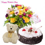 Vase of Love - 15 Assorted Flowers Vase, 1/2 kg Black Forest Cake, Teddy 6 inch and Card