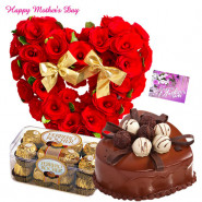 Crunch Heart - Heart Shaped Arrangements 50 Red Roses, 1.5 kg Chocolate Cake Heart Shape, Ferrero Rocher 16 pcs and Card