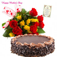 Yellow Choco Gift - 15 Yellow and Red Roses Bunch, 1/2 Kg Chocolate Cake and Card