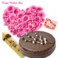 Heart Choco Ferrero - Heart Shaped Arrangements 50 Pink Roses, 1/2 Kg Chocolate Cake, Ferrero Rocher 4 pcs and Card