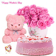 Pink Soft Vase - 15 Pink Roses in Vase, 1/2 Kg Strawberry Cake, Teddy Bear 6 inch and Card