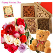 Mix Nuts - 18 Mix Roses Bunch, Assorted Dryfruits in Box 200 gms, Teddy 6 inch and card