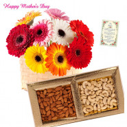 Mix Crunch - Bunch of 25 Mix Color Gerberas, Almond & Cashew 200 gms Box and card