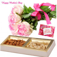 Pink Nut Mix - Bunch of 15 Pink Roses, Cashew & Almonds Box 500 gms and card