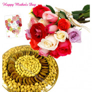 Mix Nut Basket - Bunch of 10 Mix Roses, Assorted Dryfruits in Basket 500 gms and card
