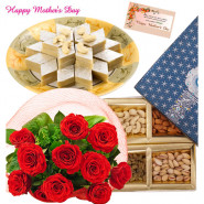 Sweet Red Nut - Bunch of 12 Red Roses, Assorted Dryfruits in Box 200 gms, Kaju Katli 250 gms and card