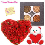 Tender Hearty Mix - 25 Red Roses Heart Shape Arrangement, Assorted Dryfruits in Box 200 gms, Teddy with Heart 6 inch and card