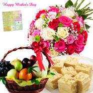 Healthy N Salty - 20 Mix Roses Bouquet, 2 Kg Mix Fruits in Basket, Haldiram Soan Papdi 250 gms and card
