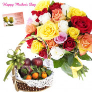 Mixture of All - 12 Mix Roses Bouquet, 2 Kg Mix Fruits in Basket and card
