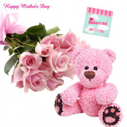 Pink Theme - 20 Pink Roses Bunch, 8" Pink Teddy and card